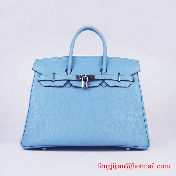 Hermes 35cm Embossed Veins Leather Bag Light Blue 6089 Silver Hardware
